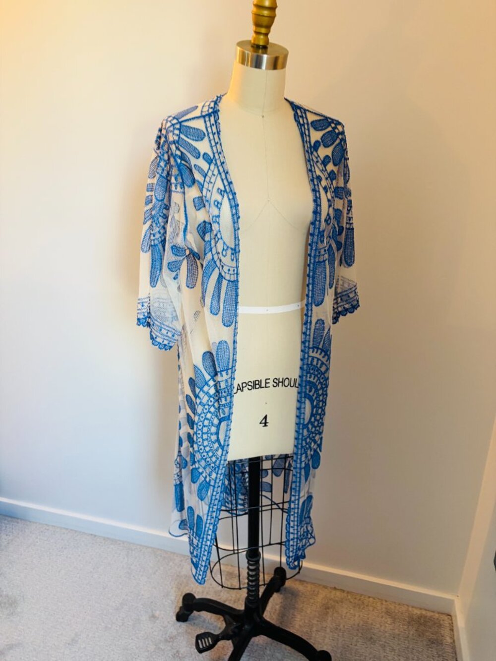 Rebellion Again Boho Blue White Embroidered Sheer Mesh Kimono Duster - Small